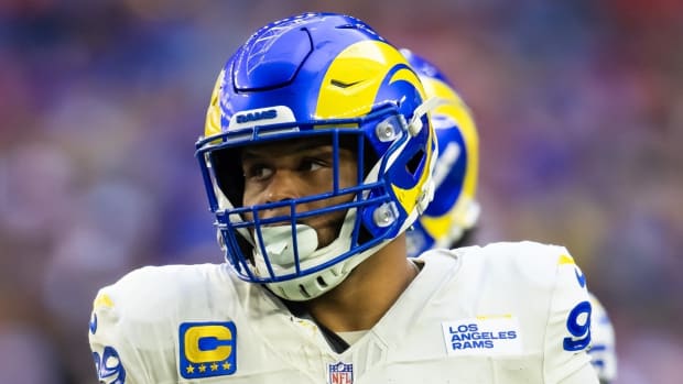 Nov 26, 2023; Glendale, Arizona, USA; Los Angeles Rams defensive tackle Aaron Donald (99) against the Arizona Cardinals at State Farm Stadium.